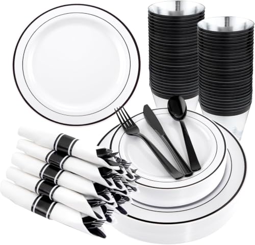 WELLIFE 350Pcs Black Plastic Dinnerware with Pre Rolled Napkins, Include:50 Dinner Plates, 50 Dessert Plates, 50 Paper Napkins, 50 Cups, 150 Plastic Cutlery - color: Black, style: 350PCS（50 Guests）