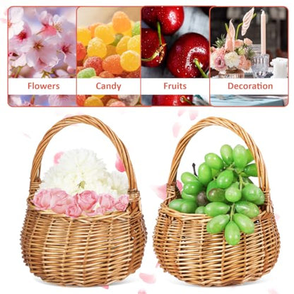 MAGICLULU Wicker Flower Basket with Handle Small Willow Woven Wedding Girl Basket for Candy Picnic Petals Rattan Storage Bin for Home Garden Decor, 8.66 x 6.10In, Light Brown