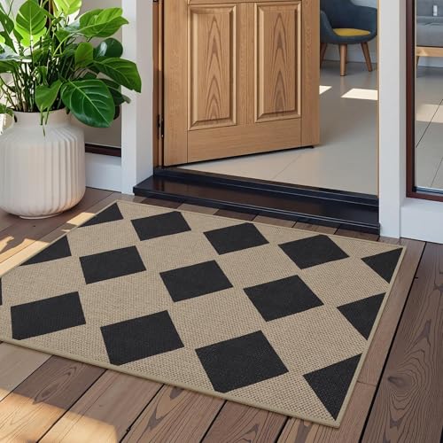 Checkered Rug 2x3 Easy Jute Kitchen Rugs for Entryway Front Door - color: Black/Checkered, size: 2'*3'(Rectangular)