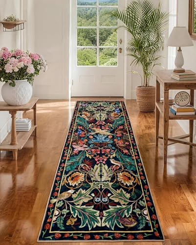 nesrt Jungle Runner Rug for Hallway 2x6, Botanical Washable Soft Boho Floral Kitchen Laundry Rug Non-Slip, Forest Animal Birds Low Pile Throw Carpet Runner for Entryway Bedroom Bathroom (Dark Green) - color: Dark Green, size: 2' x 6' (Rectangular)