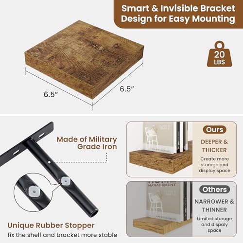 Floating Shelves for Wall, Wall Mounted Wood Shelves, Brown, Set of 3, 6.5” - color: Rustic Brown, size: 6.5"W x 6.5"D , 3 Pack