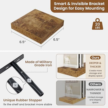 Floating Shelves for Wall, Wall Mounted Wood Shelves, Brown, Set of 3, 6.5” - color: Rustic Brown, size: 6.5"W x 6.5"D , 3 Pack