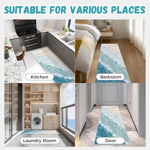 Beach Pattern 2x6ft Runner Rug Non Slip Washable Kitchen Runner Rug with Rubber Backing，Low-Pile Soft Washable Runner Rugs for Hallway Entryway Kitchen Bedroom Living Room Bathroom - color: Light Blue Beach, size: 2' x 6' (Rug)