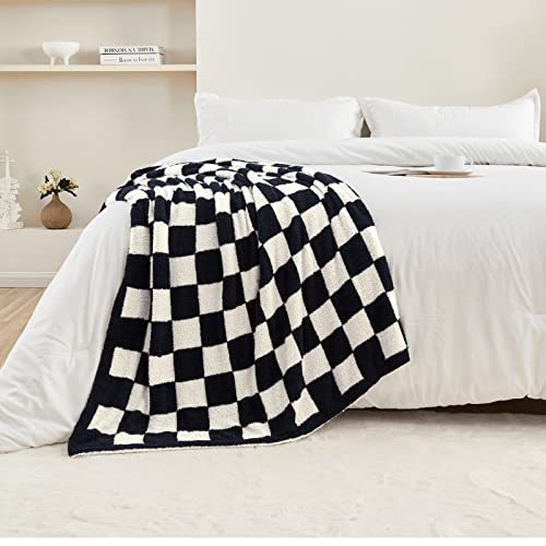 CozeCube Black White Reversible Checkered Knit Throw Blanket 50"x60" - color: Jet Black and White, size: 50"x60"