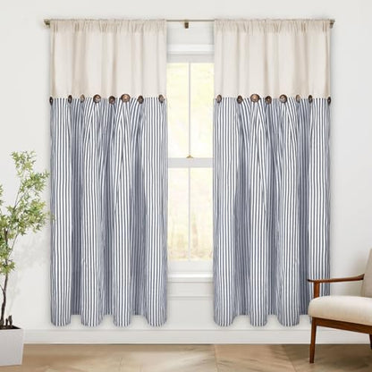 ASPMIZ Cotton Linen Farmhouse Curtains Boho Rustic Button Drapes, Linen Window Curtain Panels, Blue Stripe Country Curtains for Bedroom Living Room, Modern Rod Pocket Curtain 52 x 63 Inch, 2 Panels - color: Beige&blue, size: 52"W x 63"L (Pack of 2)