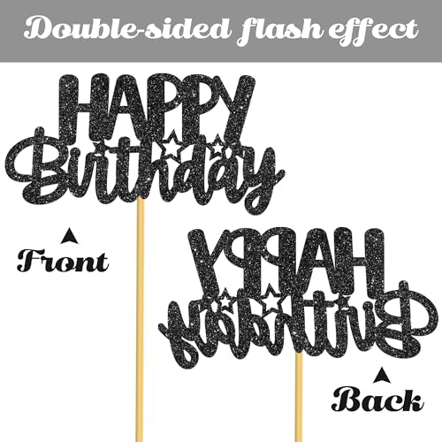 Birthday Centerpiece Sticks 12PCS Black Glitter Birthday Party Table Toppers Happy Birthday Sign Decorations Centerpieces for Anniversary Party Supplies