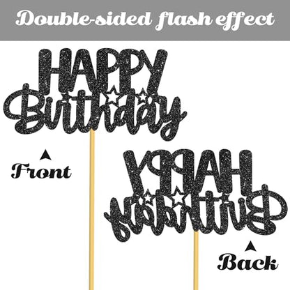 Birthday Centerpiece Sticks 12PCS Black Glitter Birthday Party Table Toppers Happy Birthday Sign Decorations Centerpieces for Anniversary Party Supplies