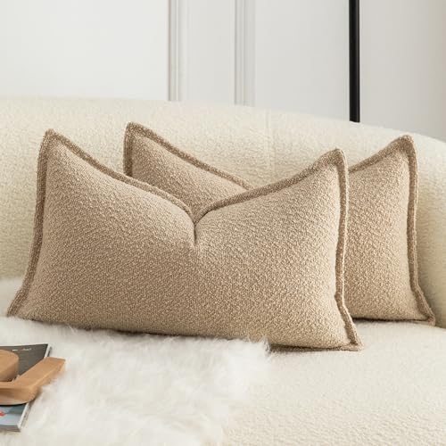 MANDIOO Pack of 2 Decorative Throw Pillow Covers Accent Solid Woven Textured Cushion Covers Pillow Cases Bedroom Living Room Sofa Home 12 x 20 Inch Camel - color: Camel, size: 20" x 12" (Pack of 2)
