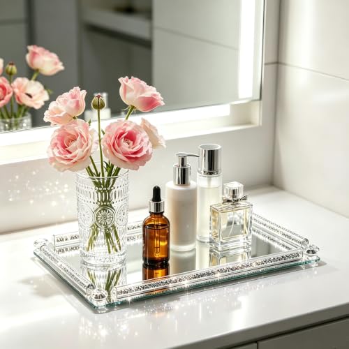 Glass Mirror Vanity Tray, 13.8" x 5.9" Silver Perfume Tray - color: Silver a