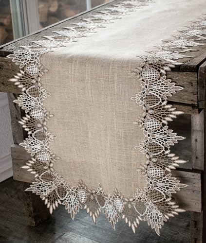 LINENS ART AND THINGS Lace Table Runner Neutral Earth Tones Dresser Scarf Coffee Table Runner Brown Beige (16Wx36L)