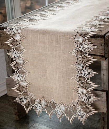 LINENS ART AND THINGS Lace Table Runner Neutral Earth Tones Dresser Scarf Coffee Table Runner Brown Beige (16Wx36L)