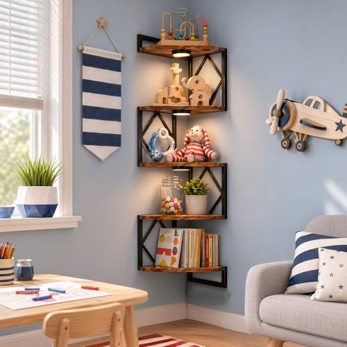 HAAYOT Corner Shelf Wall Mounted: 5-Tier Floating Shelves with Lights for Living Room, Bedroom, Home Office, Rustic Brown