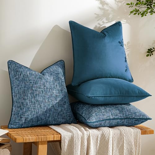 a moment Blue 4 Pack Throw Pillow Covers - Chenille & Velvet Set with Piping, Farmhouse Textured Design Cushion Cases for Couch Sofa Bed (20x20 Inch, No Insert) - color: Blue, size: 20" x 20" (Pack of 4)