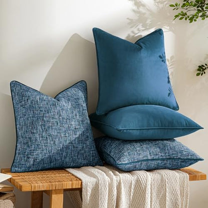 a moment Blue 4 Pack Throw Pillow Covers - Chenille & Velvet Set with Piping, Farmhouse Textured Design Pillow Cases for Couch Sofa Bed Livingroom (22x22 Inch, No Insert) - color: Blue, size: 22" x 22" (Pack of 4)
