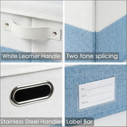PRANDOM Storage Bins with Lids [3-Pack] Linen Fabric Foldable Storage Boxes Organizer Containers Baskets Cube with Cover for Bedroom Closet Office White&Blue (23.4X15.9X11.4)