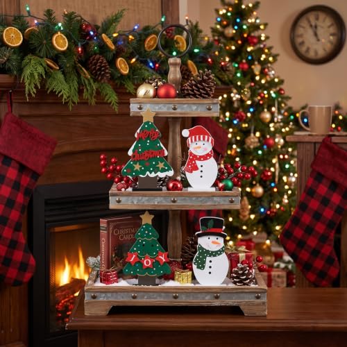 DECSPAS Christmas Decorations Indoor, 4 PCS Wood Christmas Trees & Snowmen for Centerpiece Table Decorations, Wooden Tiered Tray for Xmas Decor, Home, Winter, Tabletop, Mantel, Shelf, Gifts - style: Christmas - Christmas Trees, Snowmen