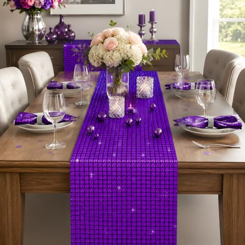 Disco Party Decorations - Purple Sequin Glitter Disco Table Runner - color: Purple Sequin Glitter