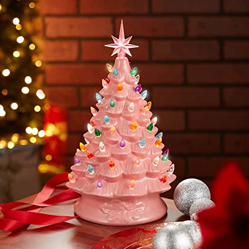 Casafield Hand Painted Ceramic Christmas Tree, Pink 15-Inch Pre-Lit Tree with 128 Multi Color Lights and 2 Star Toppers - color: Pink