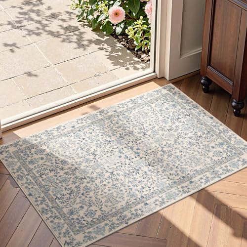 jinchan 2x3 Washable Entryway Area Rug, Floral Non-Slip, Blue/Cream - color: Blue/Cream, size: 2' x 3' (Rectangular)