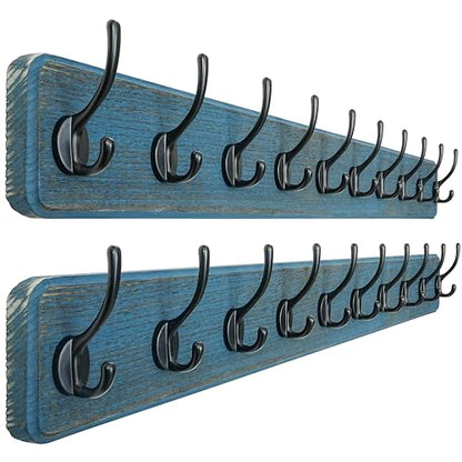 Dseap Coat Rack Wall: 38-1/4" Long, Patented, Heavy-Duty, 10-Double-Hooks Wooden Wall Mounted Coat Rack Coat Hanger Hook Rail for Winter Coats Hat Jacket Clothing, Weathered Blue, Pack of 2 - color: Weathered Blue & Black, size: L=38.3"(2pcs)