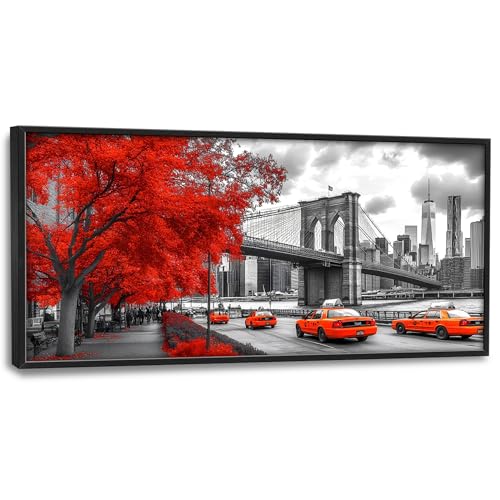 Brooklyn Bridge Large Wall Art Black and White Framed Red Wall Decor for Living Room New York City Pictures Oversized Canvas Print Painting Modern Extra Large Artwork for Bedroom Office 60"x30" - color: Brooklyn Bridge, size: 60"L x 30"W