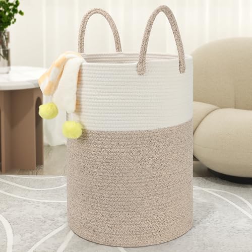 58L Cotton Rope Laundry Basket (20"x15"), Woven Storage Basket for Laundry, Living Room, Nursery, Bedroom, Blankets (White/Brow) - color: White Brow