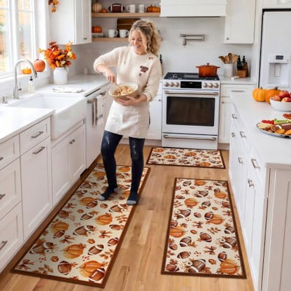 Fourluoo 3 Pcs Fall Football Pumpkin Kitchen Rugs and Mats Set - color: Beige