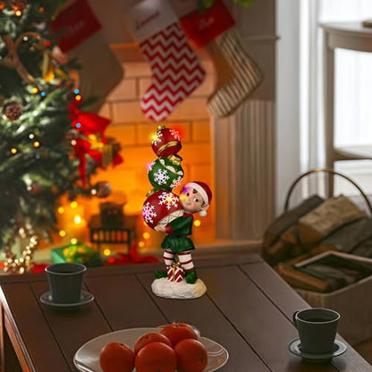 YUETJIN 12" Christmas Elf Figurine with Color-Changing Stacked Ornaments