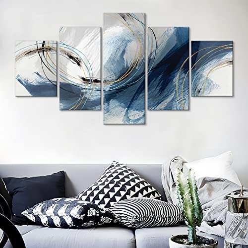 Fu-Keivy Blue Grey Abstract Canvas Wall Art Decor Fantasy Modern Artwork Painting for Living Room Bedroom 5 Panel Wall Pictures Graffiti on White Background - size: 60''W x 40''H