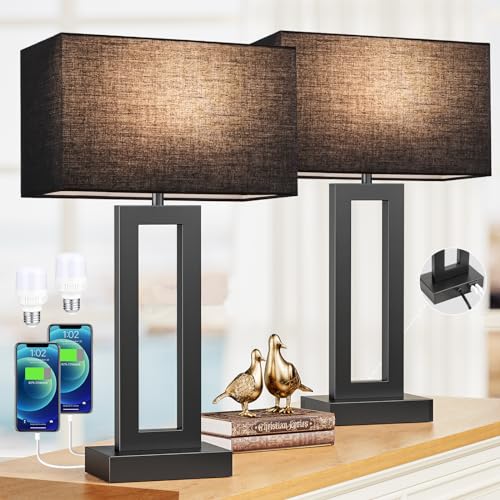 Seealle 22" Tall Living Room Lamps for Night Stands - Touch Bedside Lamp with USB C+A, 3 Way Dimmable Bedroom Lamps for End Tables Set of 2, Modern Night Stand Lamps for Bed Side(Black&Black) - color: E. Black&Black, size: Large(22in)