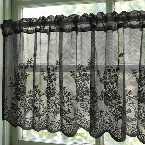Molaxhome Kitchen Curtains Valance Black Lace Floral Semi Sheer Curtain - color: Black, size: 51"W x 16"L (Pack of 1)