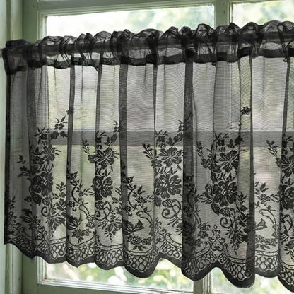 Molaxhome Kitchen Curtains Valance Black Lace Floral Semi Sheer Curtain - color: Black, size: 51"W x 16"L (Pack of 1)