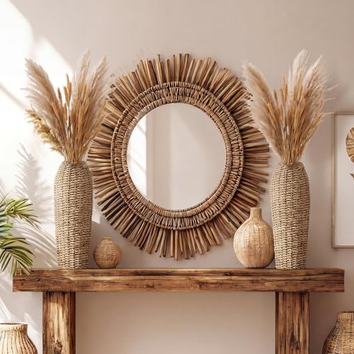 Ninehaou 16.5" Tall Rattan Floor Vase for Dried Flowers Boho Home Decor