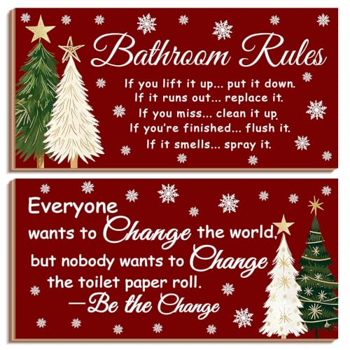 Jetec 2 Pcs Christmas Bathroom Decor Wooden Sign 12 x 6 Inch - style: Christmas Tree Style