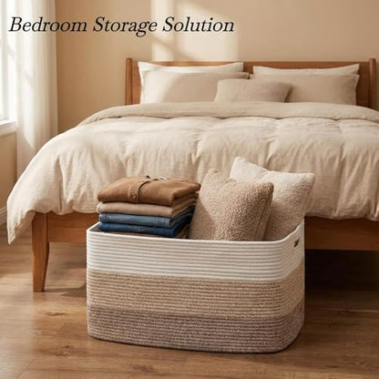 Optish 95L Large Woven Blanket Basket, Cotton Rope Laundry Basket, Brown - color: White & Mix Brown, size: 24" x 17" x 13.5"(95L)