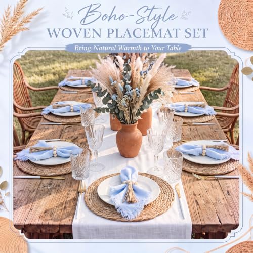 Fanfanwin Set of 6 Boho Woven Placemats with Light Blue Napkins, 13 in - color: Light Blue