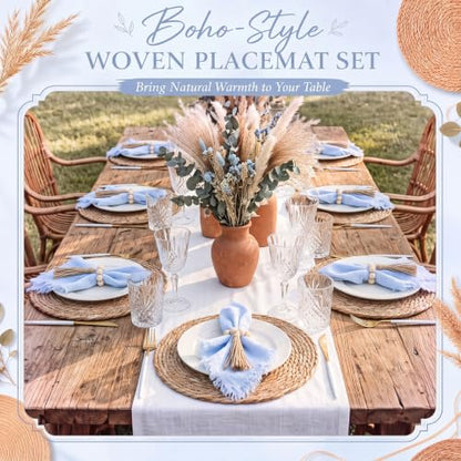 Fanfanwin Set of 6 Boho Woven Placemats with Light Blue Napkins, 13 in - color: Light Blue