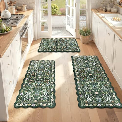 Yamaziot Boho Anti Fatigue Kitchen Rug Set of 3 Scalloped Non-Slip, Green - color: Green & Black, size: 17.3"x29"+17.3"x35"+17.3"x47"
