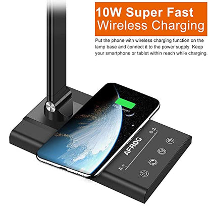 AFROG 5th Gen Multifunctional LED Desk Lamp with 10W Fast Wireless Charger, USB Charging Port,1800Lux Super Bright,5 Lighting Mode,7 Brightness, Touch Control, Auto Timer, 15W Office Table Lamp - color: Black 5.0 Pro