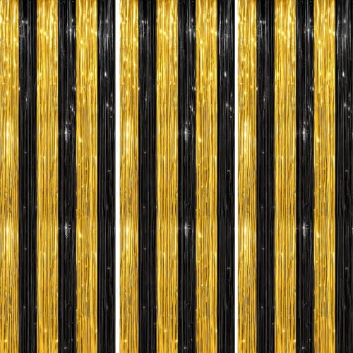 DECOCKRAT 3 Pack Foil Fringe Backdrop - Black&Gold Shiny Tinsel Curtains for Party Decoration/Photo Booth Props - 3.3x8.2 FT Metallic Foil Backdrop for Birthday, Wedding, Graduation, Christmas. - color: Black&Gold