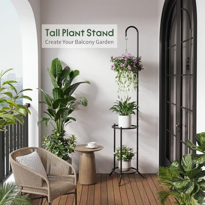 2-Tier Plant Stand With Hanging Hook, Metal Standing Plant Hanger, Black - color: Black