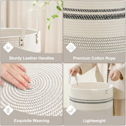VIPOSCO 53L Tall Woven Rope Laundry Hamper, Leather Handles, Stripe White - color: Stripe White, size: 53L