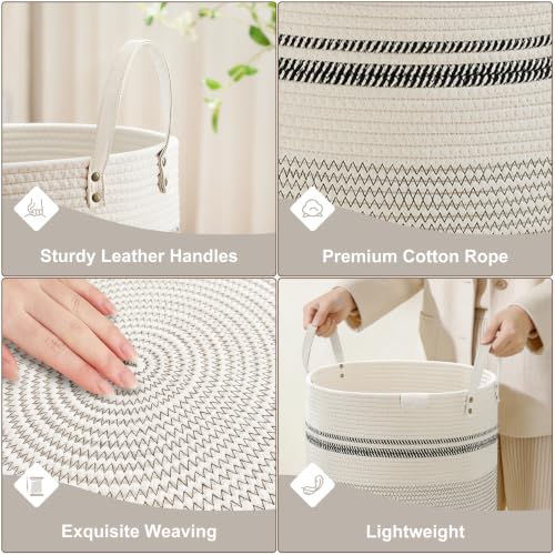 VIPOSCO 58L Tall Woven Rope Laundry Hamper, Leather Handles, Stripe White - color: Stripe White, size: 58L