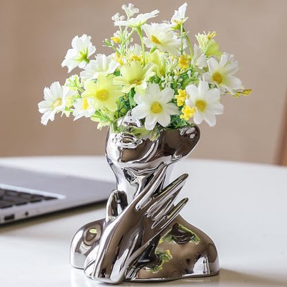 BrownLove Silver Ceramic Face Vase, Modern Silver Decorative Art Vase, Bookshelf Placed On The Desktop, Small Living Room, Office and Bedroom - style: Silver-Charming