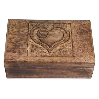 Ajuny Wooden Jewelry Box Heart Carved Keepsake Treasure Chest 8x5 Inch Case