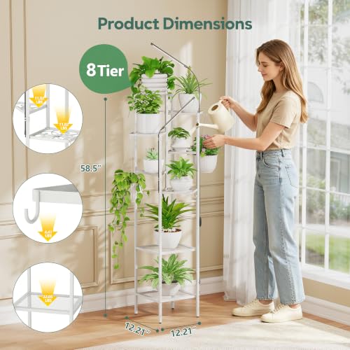 Quikraen 8-Tier White Plant Stand with Grow Lights, 58.5" Tall Ultra-Narrow Corner Plant Shelf with 2-Head LED Grow Light & Hanging Hooks, Space-Saving Metal Flower Pot Holder Rack for Indoor Plants, Patio, Balcony - color: White, size: 8-Tier with grow l