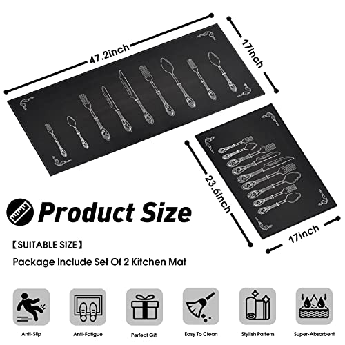 Kitchen Rugs and Mats Set of 2, Non Slip Washable Kitchen Runner Rug, Vintage Silverware Black Kitchen Floor Mats, Absorbent Farmhouse Kitchen Rug Set for Sink, Laundry Room, Entryway, 17"x30"+17"x47" - color: Black