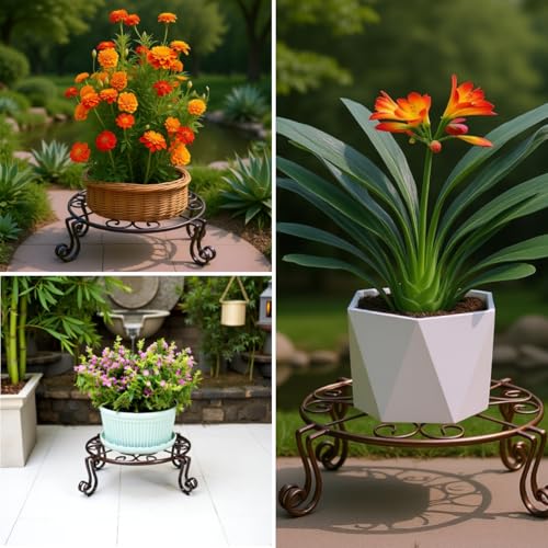 2 Pack 12" Plant Stands, Heavy Duty Rustproof Metal Plant Holders for Indoor and Outdoor Use, Wrought Iron Round Flower Stands for Patio, Balcony, and Garden (Bronze)