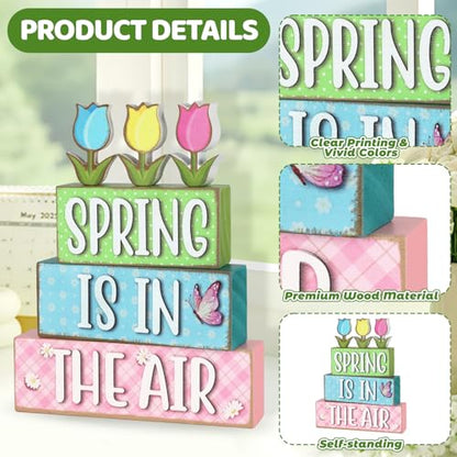 6 Pcs Spring Decorations for Home Wooden Tulips Flower Table Centerpieces Farmhouse Wood Block Signs Pastel Tulip Tabletop Easter Decor Indoor Tiered Tray Office Desk Shelf Mantel Fireplace Kitchen