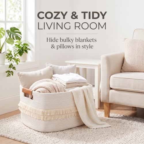 danpinera 108L Large Basket for Living Room, Boho Decorative Basket Organizing with Handles, Cotton Rope Storage for Toys, Pillows, Clothes, 25’’*16’’*16’’ White - color: White, size: 108L